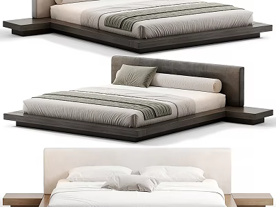 Minimalist Double Bed with Wooden Platform Frame Upholstered Headboard and Striped Mattress 3d model