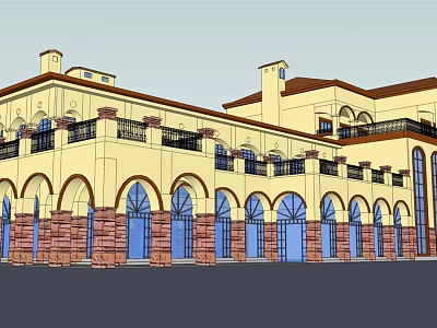 Mediterranean Style Commercial Complex With Arch Windows Balconies And Stone Columns 3d model