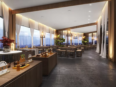 Spacious Restaurant Interior With Wooden Accents Large Windows Display Counters And Hanging Lights 3d model