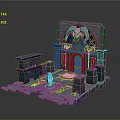 Mystical Stone Structure Landscape With Ram Horn Decoration Red Curtains And Blue Glowing Object