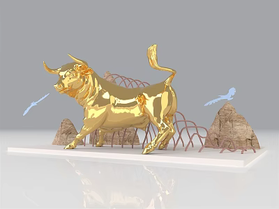 Golden Bull Sculpture With Rock Formations Cloud Decor And Red Arch 3d model
