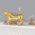 Golden Bull Sculpture With Rock Formations Cloud Decor And Red Arch