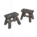 Two Vintage Wooden Stools with Worn Surface on White Background 3d model