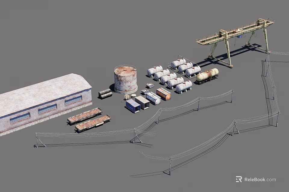 Industrial Area with Warehouse Oil Tank Storage Tanks Railway Wagons Crane and Power Poles 3d model 