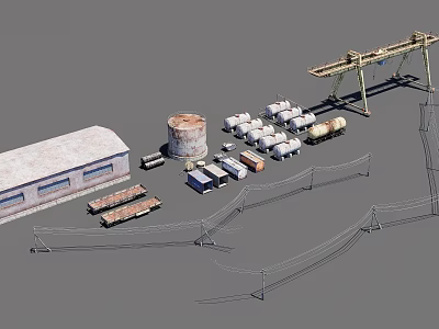 Industrial Area with Warehouse Oil Tank Storage Tanks Railway Wagons Crane and Power Poles 3d model