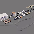 Industrial Area with Warehouse Oil Tank Storage Tanks Railway Wagons Crane and Power Poles
