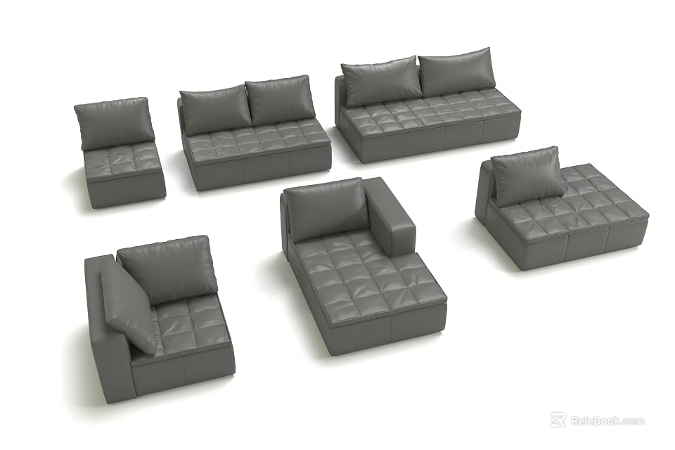 Modern Grey Modular Sofa Set With Tufted Square Components For Living Room 3d model
