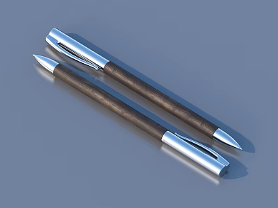 Two Sleek Modern Pens with Brown Leather Bodies and Silver Metal Caps Nibs Design 3d model