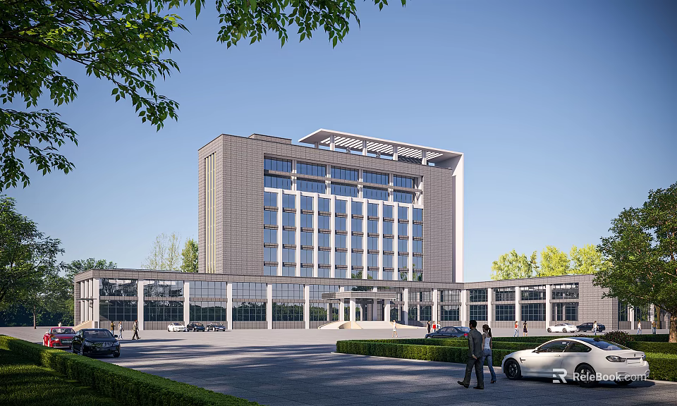 Modern Office Building Exterior Design With Glass Windows Greenery And Parking Area 3d model 