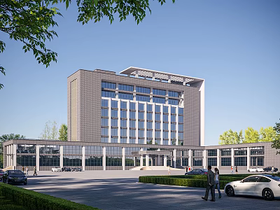 Modern Office Building Exterior Design With Glass Windows Greenery And Parking Area 3d model
