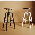 Two Leisure Chairs With Round Wooden Seats And Black White Metal Frames