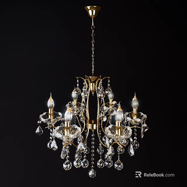 Elegant Classic Chandelier With Golden Frame Crystal Pendants And Candle Shaped Bulbs 3d model 