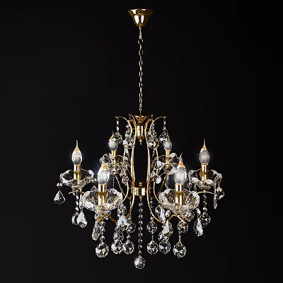 Elegant Classic Chandelier With Golden Frame Crystal Pendants And Candle Shaped Bulbs 3d model