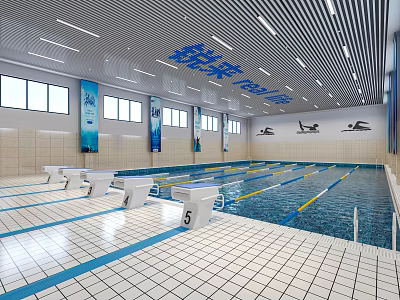 Modern Indoor Swimming Pool With Starting Blocks Lane Lines Large Windows Striped Ceiling And Tiled Floor 3d model