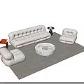 Modern White Tufted Sofa and Round Marble Coffee Table Set With Armchairs and Orange Accents