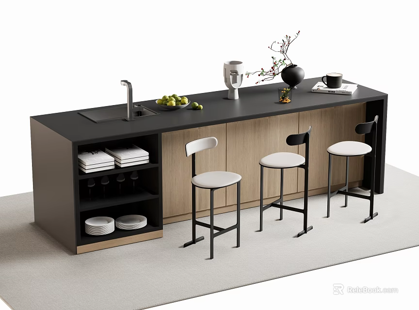 Modern Bar Counter With Black Countertop Wooden Cabinets Sink Stools Coffee Maker And Fruits 3d model 