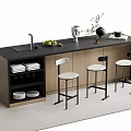 Modern Bar Counter With Black Countertop Wooden Cabinets Sink Stools Coffee Maker And Fruits