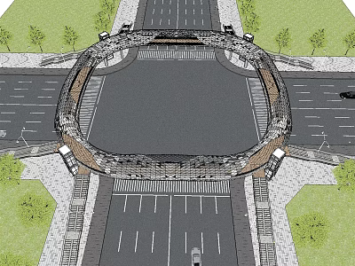 Circular Bridge Over Urban Road Intersection With Greenery And Traffic Lanes 3d model