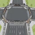 Circular Bridge Over Urban Road Intersection With Greenery And Traffic Lanes
