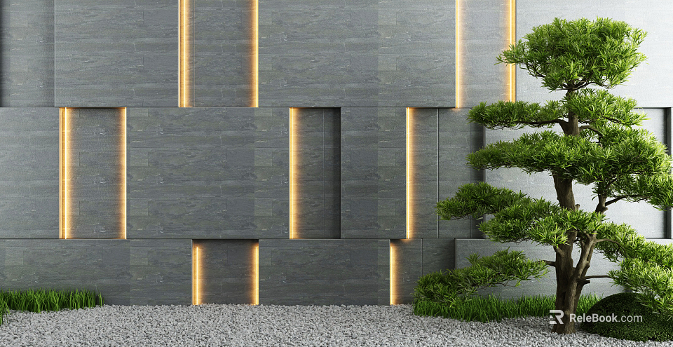 Modern Gray Stone Feature Wall With Light Strips And Pine Tree By Gravel Area 3d model 
