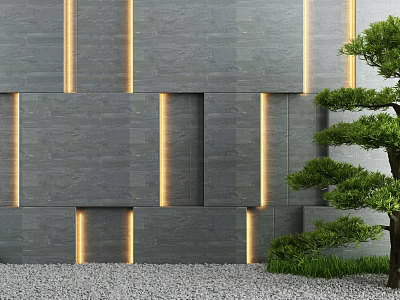 Modern Gray Stone Feature Wall With Light Strips And Pine Tree By Gravel Area 3d model