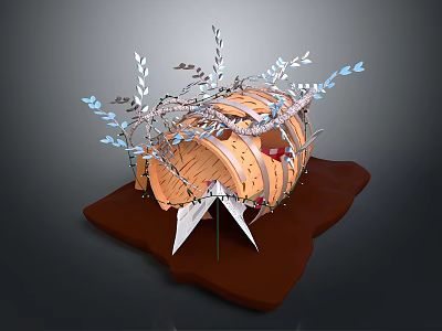 Decorative Cylindrical Structure With Orange Brown Texture And Silver Leaves On Brown Base 3d model
