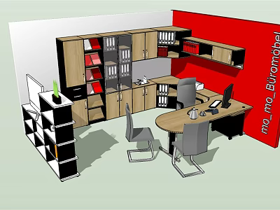 L Shaped Office Desk With Bookshelves File Cabinets And Red Wall 3d model