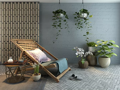 Cozy Indoor Wooden Lounge Chair With Decorative Pillow Blanket Side Table And Hanging Plants 3d model