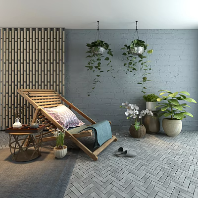 Cozy Indoor Wooden Lounge Chair With Decorative Pillow Blanket Side Table And Hanging Plants 3d model