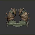 Coil Equipment Wound With Copper Wires On Green Metal Base With Wheels And Yellow Edges