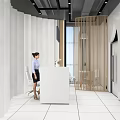 Modern Front Desk Reception With Curved White Walls Female Staff Computer Potted Plant