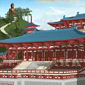 Ancient Chinese Architecture With Traditional Blue Roof Red Pillars And Mountain Water Scenery