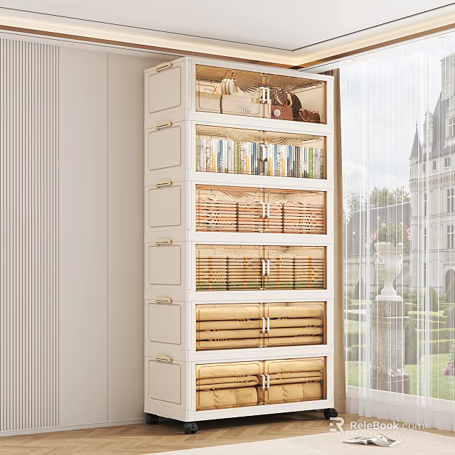 White Storage Cabinet With Multiple Drawers And Woven Baskets For Home Organization 3d model 