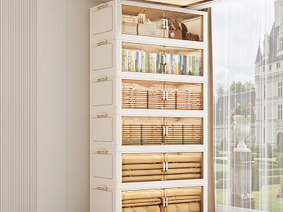 White Storage Cabinet With Multiple Drawers And Woven Baskets For Home Organization 3d model