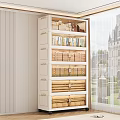 White Storage Cabinet With Multiple Drawers And Woven Baskets For Home Organization