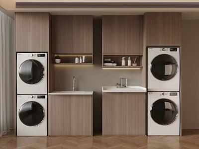 Modern Laundry Room With Built In Washing Machines Wooden Cabinets And Sinks 3d model