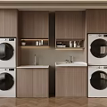 Modern Laundry Room With Built In Washing Machines Wooden Cabinets And Sinks