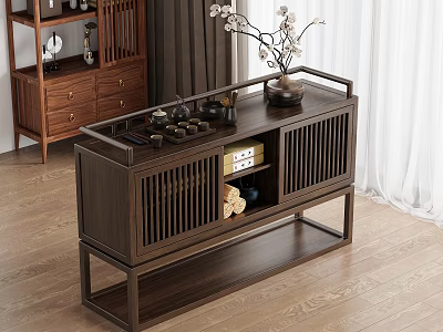 Modern Elegant Wooden Storage Cabinet With Lattice Doors And Decorative Items 3d model