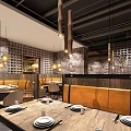 Elegant Restaurant Interior With Round Dining Table Light Chairs Woven Ceiling And Ink Painting Wall