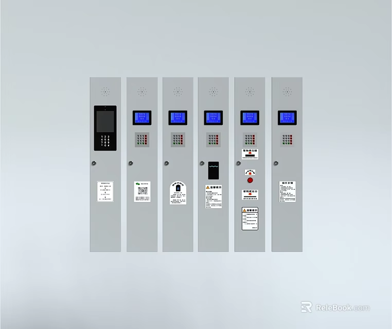 Six Gray Switch Panels With Buttons Displays And Labels On Wall 3d model