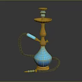 Blue And Gold Decorative Hookah With Black Hose And Vase Shaped Base
