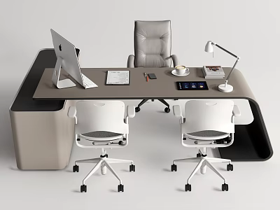 Modern Office Desk With iMac Document Coffee Cup Desk Lamp And Two White Chairs 3d model