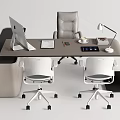 Modern Office Desk With iMac Document Coffee Cup Desk Lamp And Two White Chairs