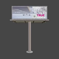 Outdoor Billboard Showing Advertisement At Night With Illuminated TRUE Text And City Background
