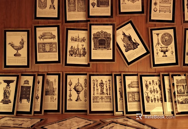 Vintage Black and White Art Prints on Wooden Wall with Furniture Details and Floor 3d model 