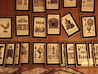 Vintage Black and White Art Prints on Wooden Wall with Furniture Details and Floor 3d model