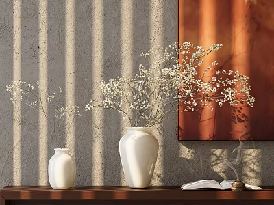 White Ceramic Vases With Small White Flowers On Wooden Table With Shadow Stripes And Artwork 3d model