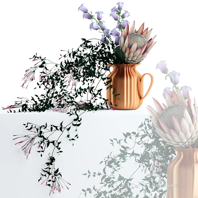 Copper Ribbed Vase With Protea Flowers Purple Blooms And Green Vines On White Background 3d model 