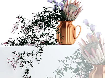 Copper Ribbed Vase With Protea Flowers Purple Blooms And Green Vines On White Background 3d model