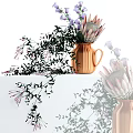 Copper Ribbed Vase With Protea Flowers Purple Blooms And Green Vines On White Background